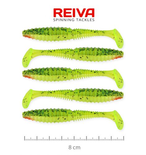 Reiva Zander Power Shad gumihal 8cm 5db/cs (Zöld-Narancs Flitter)